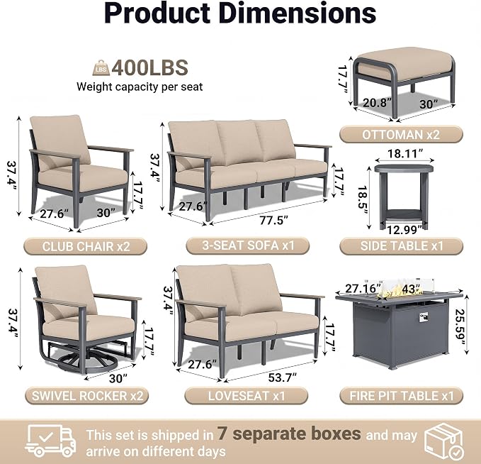 Aluminum Outdoor Patio Furniture Set, 10-Piece Sectional Sofa with 5.1" Thick Cushions, Swivel Rocking Chairs, 55,000 BTU Fire Pit Table, Outdoor Couch for Backyard, Deck, Khaki