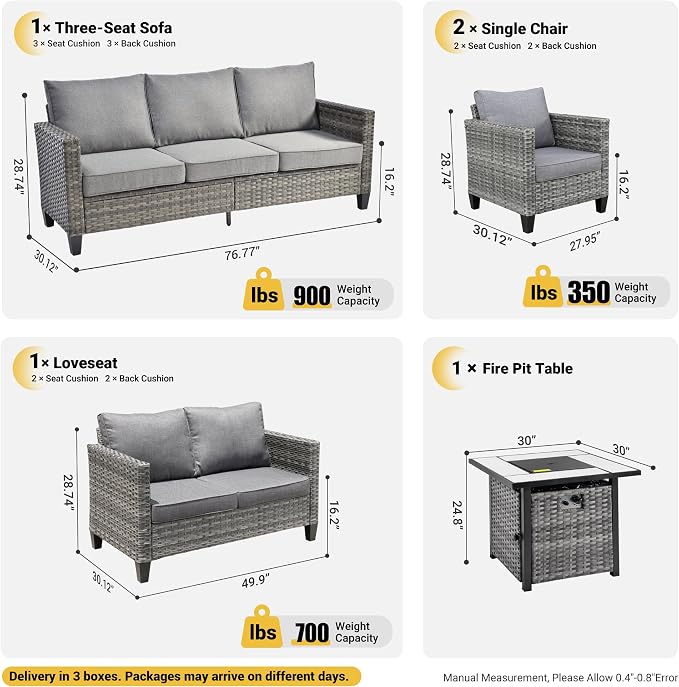 ovios 5 Pieces Patio Furniture Set, Outdoor Wicker Rattan Sofa Couch with 30" Fire Pit Table, Loveseat Chairs, Conversation Sets for Yard Porch Garden, Dark Grey
