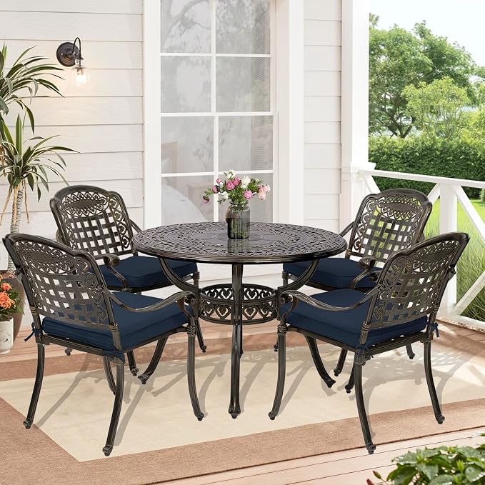 5-Piece Outdoor Patio Dining Set, All-Weather Cast Aluminum Patio Furniture Set for Backyard Garden Deck with 4 Chairs, 4 Cushions and 38.5" Round Table, 2" Umbrella Hole, Navy