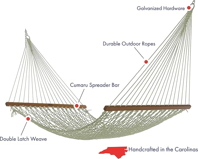 Nags Head Hammocks Admiral Meadow DuraCord Rope Hammock – 13 ft. x 60 in., 2-Person, 450 lb Capacity, Cumaru Spreader Bar, Free Chains & Tree Hooks, Handcrafted in The USA