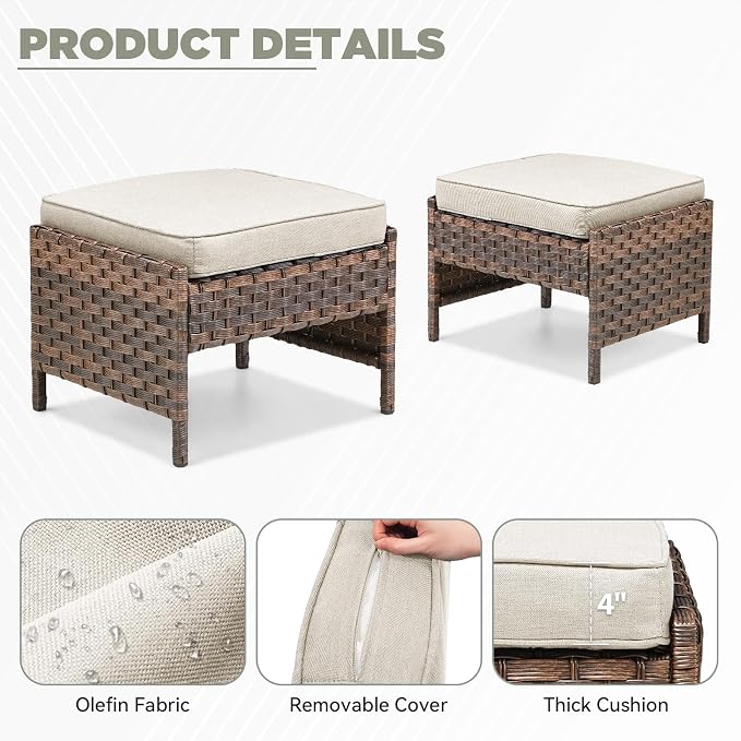 10 PCS Patio Furniture Set, 4 Swivel Rocking Chairs with 4 Ottomans & 2 Side Tables, 4-Inch Thick Olefin Cushions, 300 lbs Capacity Wicker Swivel Rocker Chairs for Porch, Fire Pit, Beige