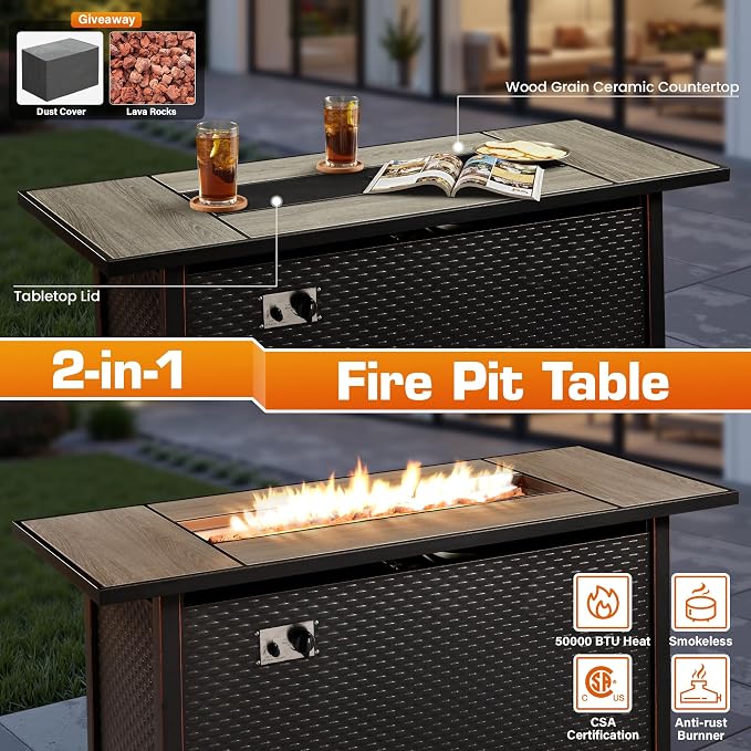 11 Piece Patio Furniture Set Outdoor Sectional with 54" Fire Pit Table, Swivel Rocking Chairs and L-Shaped Rattan Couch, Modular Conversation Set with Solar Coffee Table for Deck, Denim Blue