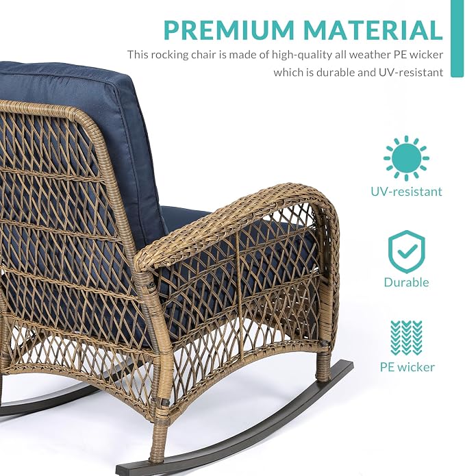 MEETWARM 4 Pieces Outdoor Wicker Patio Conversation Sets with Glider Loveseat, 2 Chairs with Glass-Top Coffee Table Rocking Chair Set, Wicker Conversation Set w/Thickened Cushions, Navy Blue