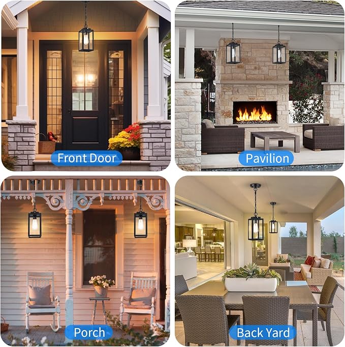 11'' Dusk to Dawn Outdoor Pendant Light, Outside Chandelier Lantern, Black | Modern Hanging Porch Light with Clear Glass, Exterior Pendant Lighting Fixture for Porch, Yard, Entryway, 1 Pack (Small)