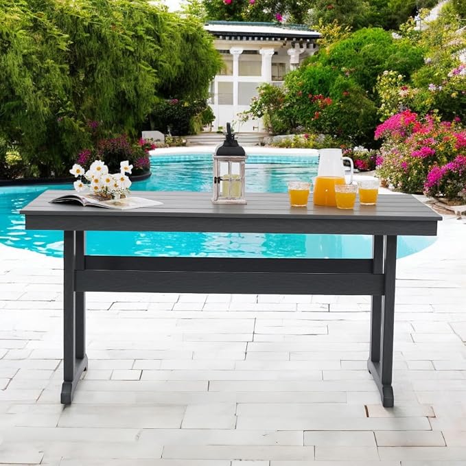 HDPE Outdoor Dining Table for 6, 62.2” Rectangle All-Weather Resistant Patio Dining Table with 2” Umbrella Hole for Balcony, Backyard, Garden,Lawn (Dark Grey, Dining Table)