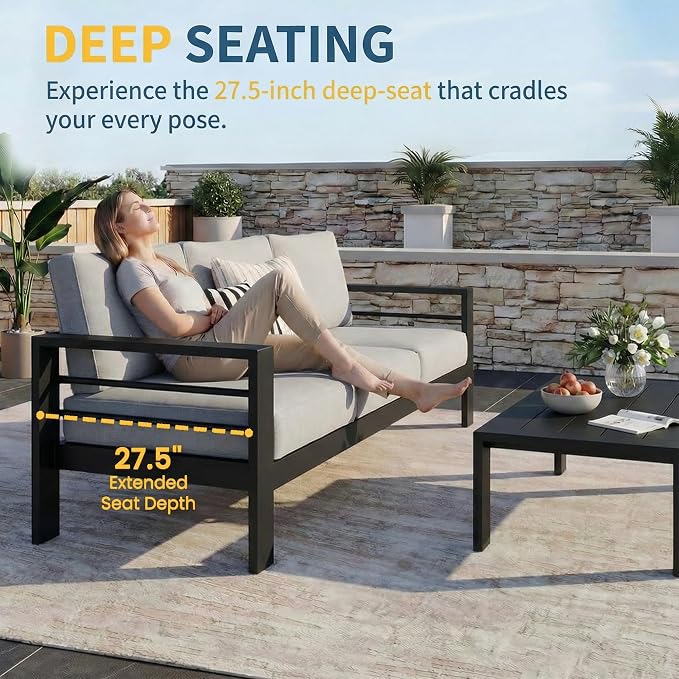 Solaste Aluminum Patio Furniture Set for All Weather, Oversized Metal Outdoor Furniture Set with 27.5" Deep Seating and Wide Armrest, Outdoor 3 Seat Sofa with 10" Back Suport Cushion,Black and Gray
