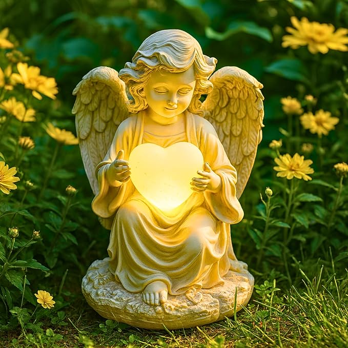 TIALLY Solar Angel Garden Statue with Heart, 12" Memorial Outdoor Light | Glowing Lighted Heart Bright Every Night, Weatherproof Resin Built to Last - a Sympathy Garden Gift for Women, Mom and Dad