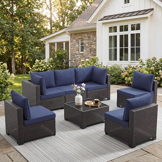 ANJ 7 Piece Outdoor Wicker Patio Furniture Set, Modular Loveseat Sofa with with Glass Top Coffee Table, All-Weather Rattan Conversation Couch Set for Balcony, Backyard, Dark Brown Wicker-Blue
