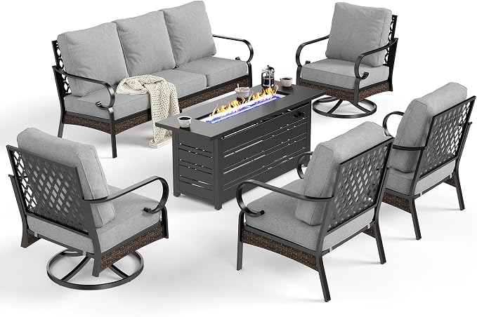 SUNSHINE VALLEY 6 Piece Metal Outdoor Patio Furniture Set with Firepit Table, Patio Conversation Sets 1 3-Seater Chair, 2 Leg Sofa & 2 Swivel Chair with 5.75" Cushion for Backyard Deck, Light Gray
