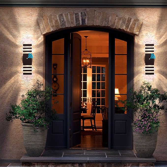 Outdoor Wall Lights, Dusk to Dawn Brown Outdoor Lights for House 3-Layer Modern Exterior Light Fixture Wall Mount Waterproof Up and Down Porch Lights for Garage Entryway, 2 Pack