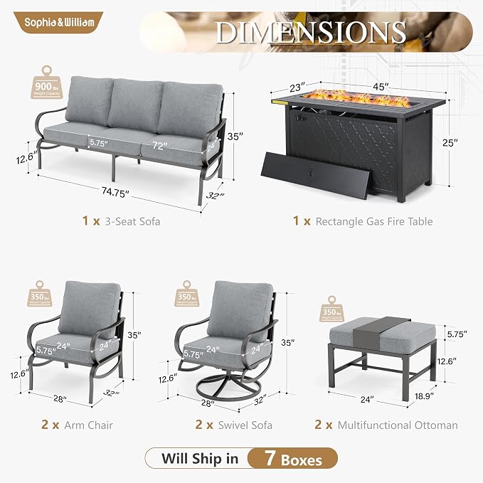 Sophia & William Patio Furniture Sets for 9 with 45" Gas Fire Pit Table Outdoor Conversation Sets 8 Pcs, 2xSofa Chairs, 2xSwivel Cushion Chairs, 1x3-Seat Sofa, 2xOttomans for Porch Poolside Grey