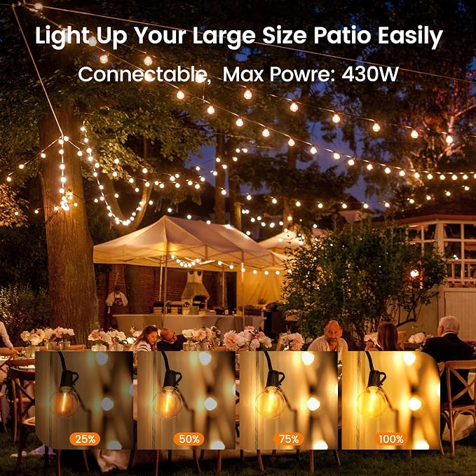 OHLUX Outdoor String Lights, 27FT LED Patio Lights with 13 Dimmable Plastic G40 Globe Bulbs(1 Spare), 2200K Waterproof Connectable Hanging Lights for Backyard Porch Cafe Party Decor E12 Socket Base