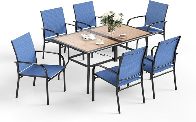 SUNSHINE VALLEY 7 Pcs Patio Dining Set for 6, Rectangular Metal Dining Table (PVC Table Top) with Umbrella Hole and 6 Chairs, Outdoor Dining Set for Lawn Garden Deck, Blue