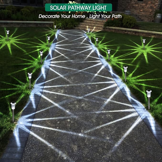 Eyrosa Solar Outdoor Lights, 10 Pack Waterproof Stainless Steel Solar Stake Lights for Pathway Garden Yard Path Walkway Driveway Lawn Patio Outside Decor, Cool White