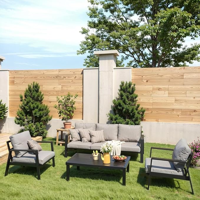 Aluminum Outdoor Patio Furniture Set, 4 Piece Sectional Coversation Sets with Coffee Table, Modern Outdoor Sofa Couch with Thick Cushions for Porch, Balcony, Garden (Dark Gray Cushions)