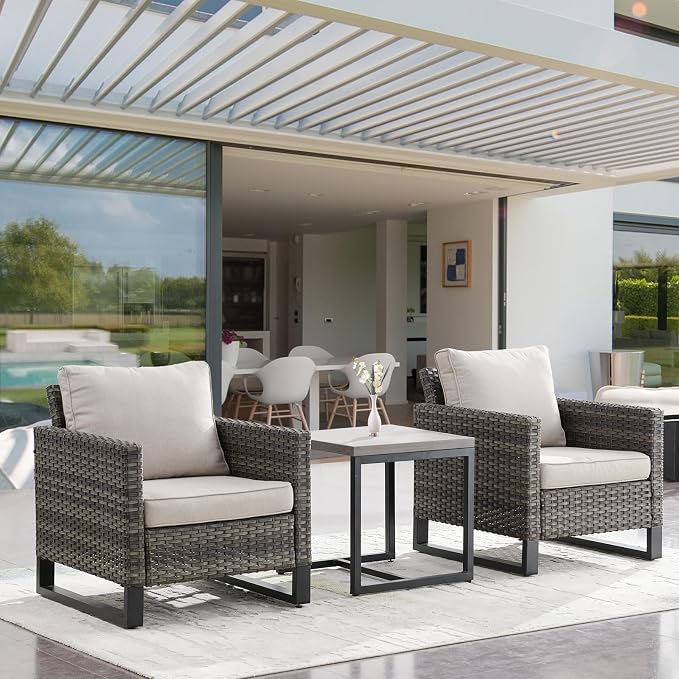 Luxury Wicker Outdoor Patio Chairs Set - 3 Piece Rattan Patio Furniture Bistro Chairs Set with Waterproof Wicker,Comfortable Cushions and Sturdy Metal Frame for Porch Deck Backyard(Mixed Grey/Beige)