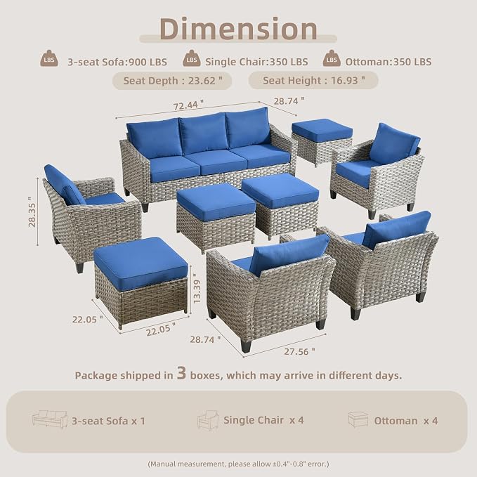 CAODOC Patio Furniture Set, 7 Pieces Outdoor Wicker Rattan Sofa Couch with 4 Chairs, Ottomans and Comfy Cushions, All Weather High Back Conversation Set Garden Backyard, Brown Rattan Blue Cushions