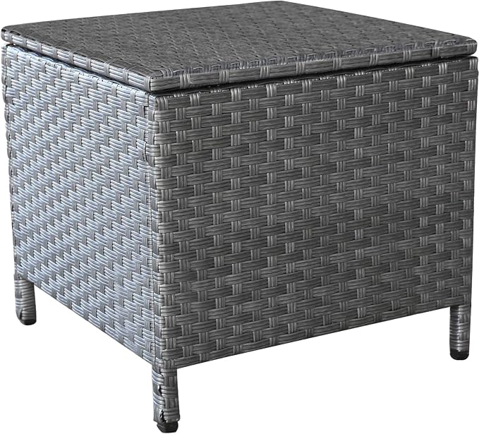 Lviden Outdoor Wicker Storage Side Table, Patio Grey PE Rattan End Table with Storage, Square Container for Furniture Covers, Toys, and Gardening Tools