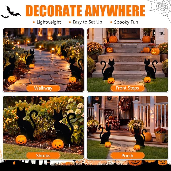 Fumete 4 Sets Halloween Decorations Outdoor Solar Pathway Lights Halloween Black Cats Yard Stakes Pumpkin Solar Candles Wire Free Garden Outdoor Lights for Yard Lawn Pathway Walkway Decorations