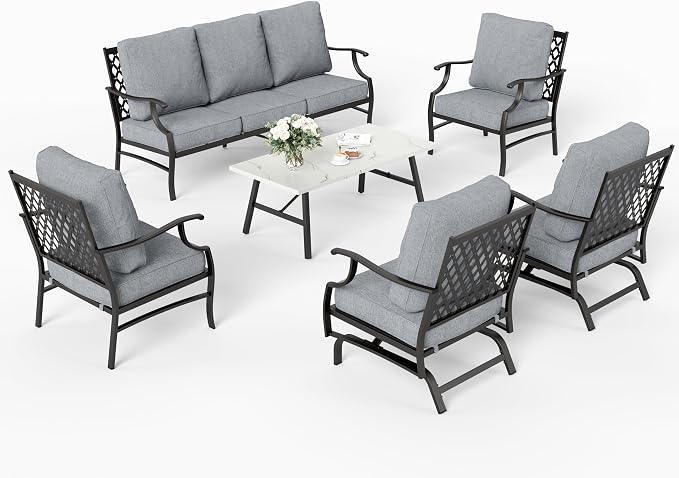 SUNSHINE VALLEY 6 Piece Metal Outdoor Patio Furniture Set, Patio Conversation Set 1 3-Seater Sofa, 2 Rocking Chair, 2 Leg Chair with 5.75" Thick Cushion and Coffee Table, Backyard Furniture Set, Gray