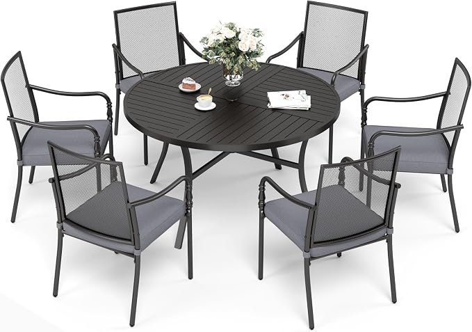 SUNSHINE VALLEY Patio Table and Chairs Set of 6, All-Weather Breathable Metal Mesh Patio Chair with Gourd-Shaped Armrests, 54x54 Round Table with Umbrella Hole, 7 Pcs Metal Frame Patio Dining Set