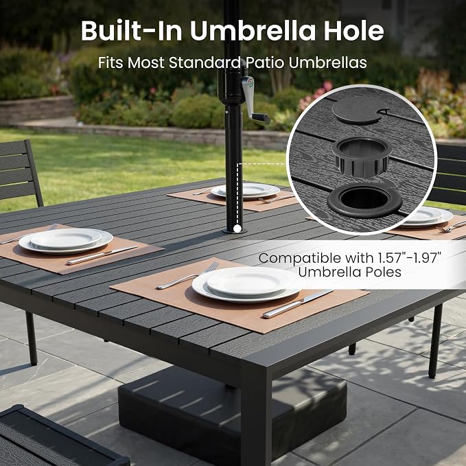 9-Piece Square Outdoor Dining Set, 56" Patio Table and Stackable Chairs | Aluminum Frame Adjustable Umbrella Hole All-Weather Wood Grain Tabletop for Garden, Deck, Backyard (Black)