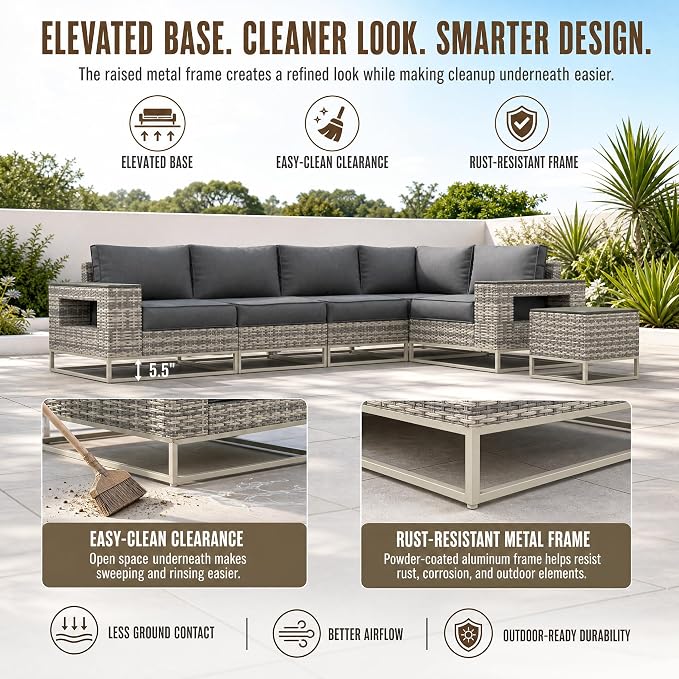 6-Piece Outdoor Patio Furniture Set, Modern PE Wicker Outdoor Sectional Sofa with Storage Armrests & 5.5" Thick Cushions, L-Shaped Couch for Deck, Porch, Backyard, Charcoal Gray
