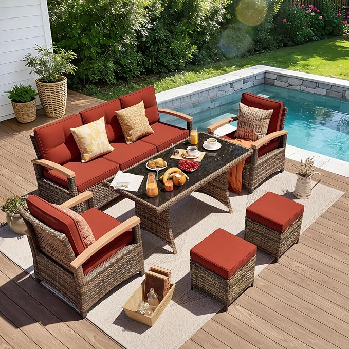 MEISSALIVVE 6 Pieces Patio Furniture Sets, PE Wicker Outdoor Conversation Sets with 2 Wood Armrests Single Chairs, 2 Ottomans and Dining Table (Red)