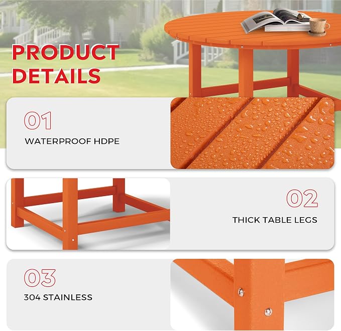 Costaelm Patio Conversation Set, Outdoor Chairs Set of 5 Balcony Firepit Furniture Outdoor Adirondack Round Table and Chair Backyard Furniture Set for Lawn Porch Pool Garden, Orange