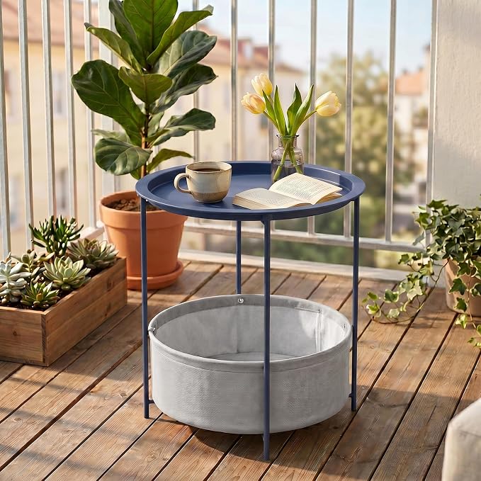 VECELO Round Side/End Table with Fabric Storage Basket,Metal Anti-Rust and Waterproof Small Bedside Nightstand with Removable Tray Top for Living Room,Balcony & Laundry,Blue /1pcs with Basket