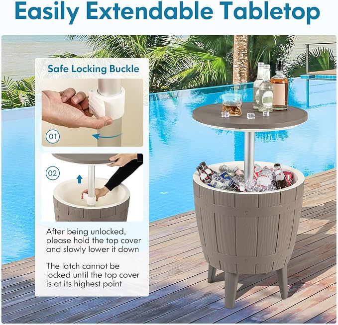 COSTWAY Outdoor Cooler Bar Table, 10 Gallon Cooler with Height Adjustable Tabletop, 3-in-1 Ice Bucket for Beer & Wine, All-Weather Cocktail Table for Backyard, Party, Poolside (Coffee)