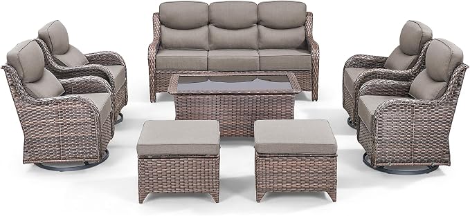 Luxury 8 Pieces Outdoor Patio Furniture Set-All Weather Wicker Swivel Rocker Patio Chairs with 6" Thick Cushion Rattan Sofa Coffee Table, Outdoor Conversation for Garden Porch Backyard(Brown/Grey)