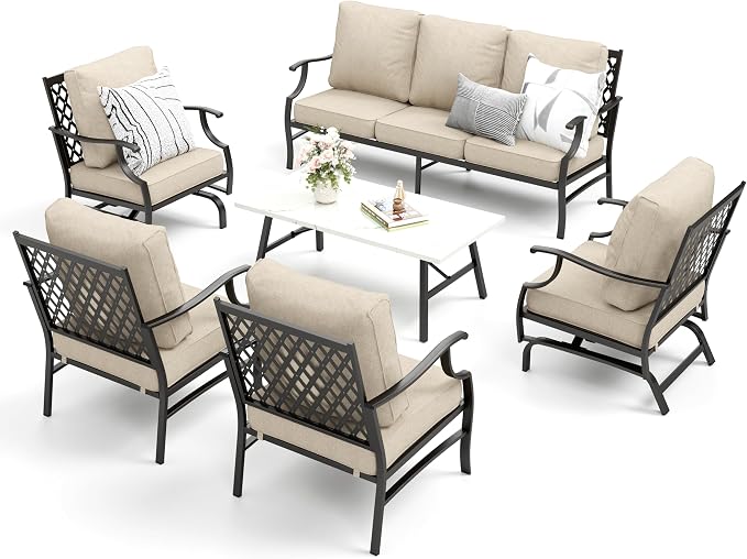 MIXPATIO Patio Furniture Set 6 pcs, Outdoor Patio Furniture, 1 X 3-Seat Sofa, 2 X Single Chairs, 2 X Rocker Chairs, 1 X Coffee Table and 5.75" Extra Thick Cushion, Patio Conversation Set,Beige