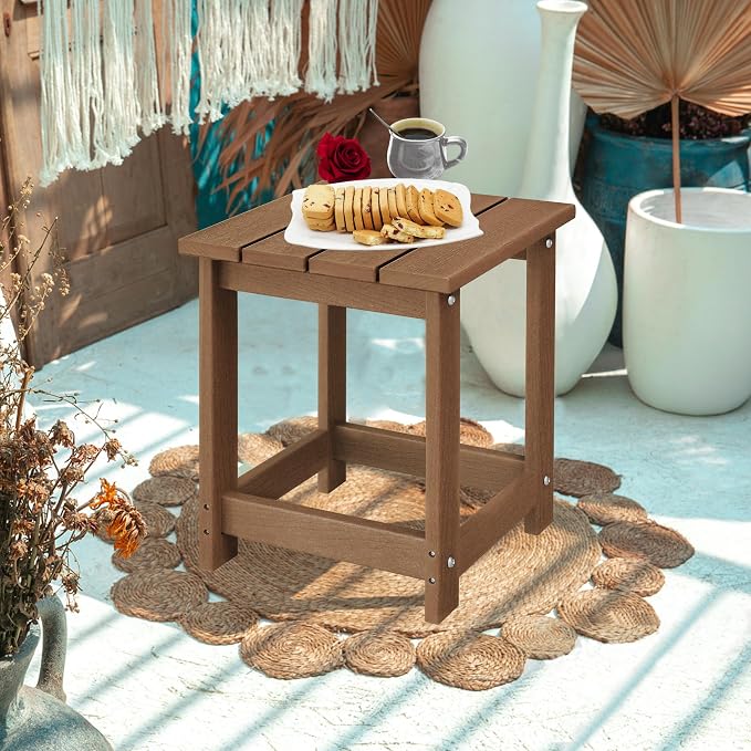 LZRS Patio End Table, Heavy Duty HDPE Outdoor Coffee Table with Wood Texture, Weatherproof Composite Table for Adirondack Chairs, Deck, Pool, Indoor/Outdoor, No Peeling or Cracking(Brown)