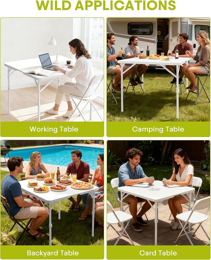 34" Folding Card Table, 3 Foot Portable Plastic Tables with Collapsible Legs & Carrying Handle, Fold in Half Square Table, Bi-Folding Commercial Tables for Indoor Outdoor Party Dining Camping