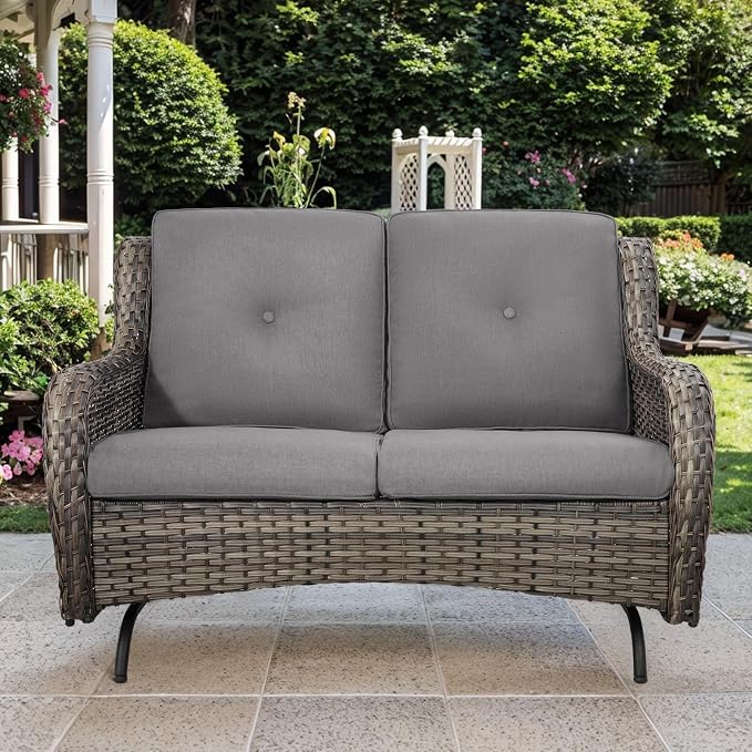 Patio Loveseat Wicker Loveseat Rattan Glider Sofa with Curved Armrest Thicking Back & Seat Cushions for Garden Balcony Backyard Grey Wicker|Grey Cushions (A) Patio Loveseat Glider