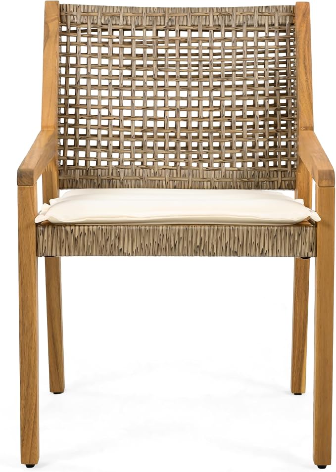 Christopher Knight Home Samma Acacia Wood Outdoor Dining Set for 6, Patio Dining Table Set for 6, Outdoor Dining Table and Sled Base, Dining Chairs with Cushion + Wicker Backrest, Teak+Brown+Cream