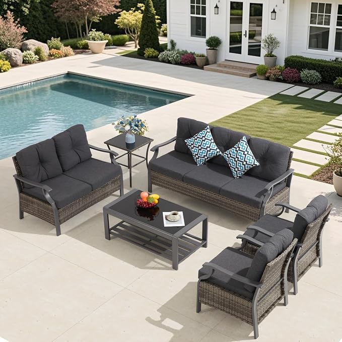 Outdoor Patio Furniture Set, 6 Pieces Outdoor Conversation Sets with Coffee Table & Side Table, Wicker Rattan Outdoor Sectional Sofa Set for Backyard, Deck, Porch, Poolside, Gray