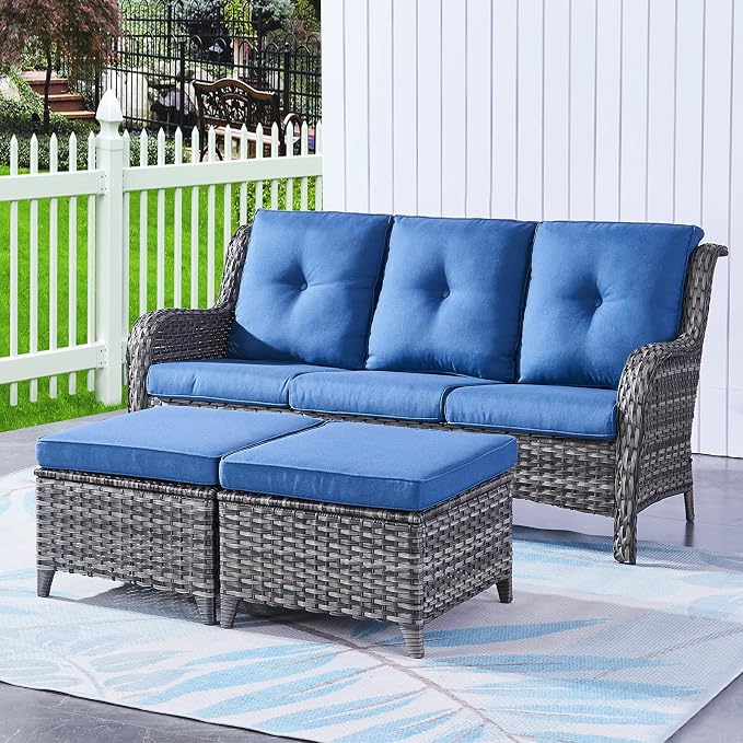 Rilyson Luxury Outdoor Wicker Patio Ottomans Set of 2, 250 lbs Capacity Rattan Large Ottomans for Patio Footrest Set 22.8in*22.8in*14in with 3.5in Thick Cushion (Mixed Grey/Blue)