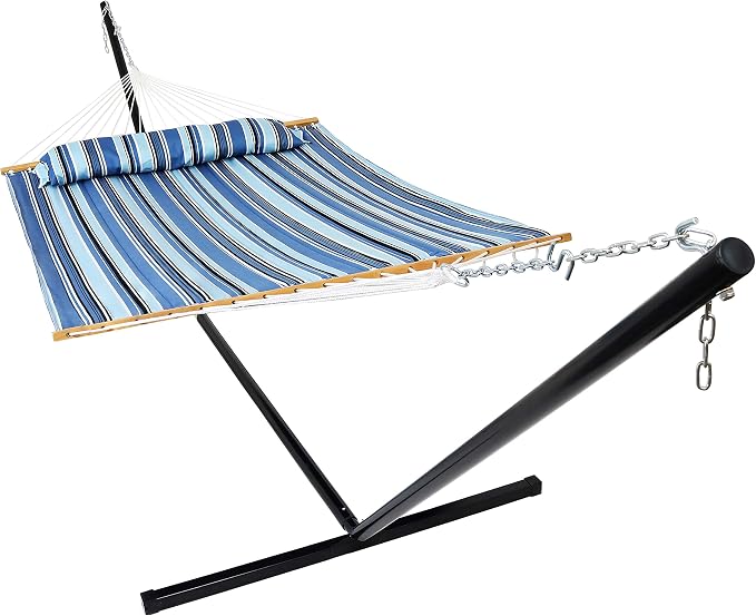 Sunnydaze Quilted Double Hammock with Stand for Outside - 400-Pound Capacity 2-Person Hammock with Stand - 15-Foot Stand - Misty Beach