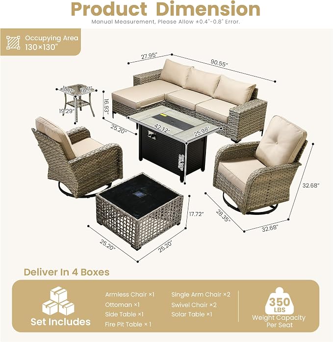 HOOOWOOO 9 Pieces Patio Furniture Set,L Shaped Outdoor Sectional Couch with Fire Pit Table, Pe Wicker All Weather Outside Conversation Sofa Swivel Chiars Solar Table Ottoman Set,Beige