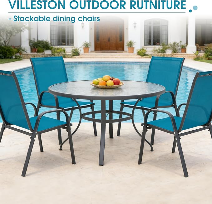 24.4" Wide Outdoor Stackable Chairs Set of 4, Stacking Patio Chairs with Textilene Fabric, Outside Furniture for Garden Backyard Balconie Poolside Deck, Blue