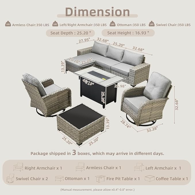 Outdoor Sectional Patio Furniture Set with Fire Pit Table,8 Pieces Wicker Conversation Sets L Shaped Couch,Extra Deep Out Door Sofa Outside Furniture with Swivel Chairs,Dark Gray
