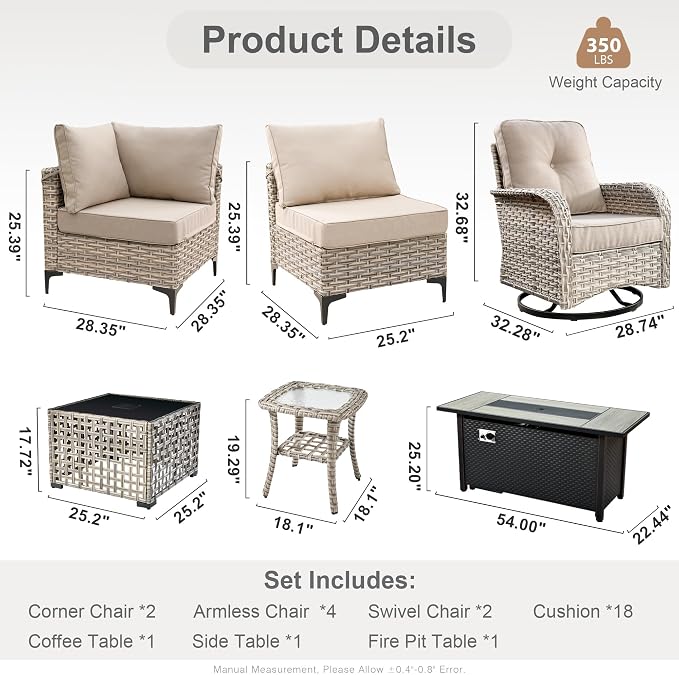 Outdoor Sectional Patio Furniture Set with Fire Pit Table,11 Pieces Rattan Wicker Conversation Sets L Shaped Couch,Out Door Furniture with Swivel Chairs Glowing Coffee Table,Beige