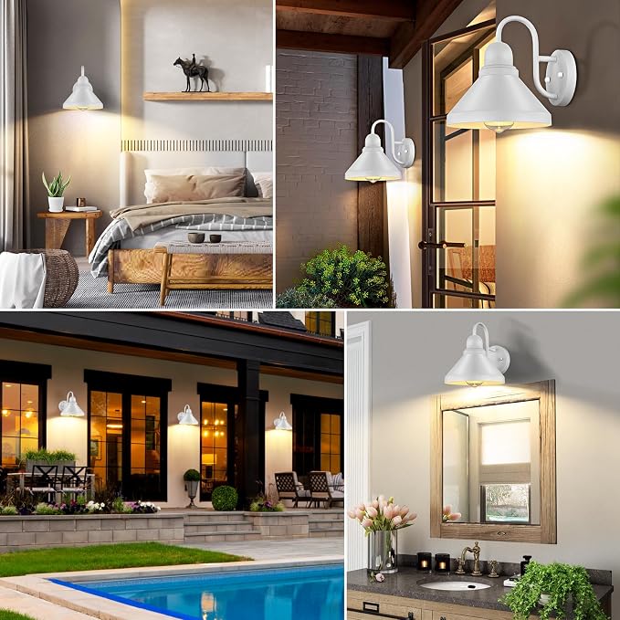 Gooseneck Outdoor Wall Lanterns, Pack of 2 Exterior Light Fixtures, Anti-Rust Outside Barn Wall Mount Sconces, Waterproof White Patio Wall Lamps for House, Front Door, Bulb Excluded