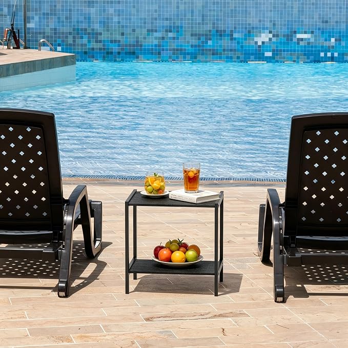Outdoor Side Table 2 Tier Small Patio End Table with Metal Frame, Weather Resistant Square Porch Coffee Table for Patio, Deck, Garden, Backyard and Balcony, Indoor Outdoor Use, Black
