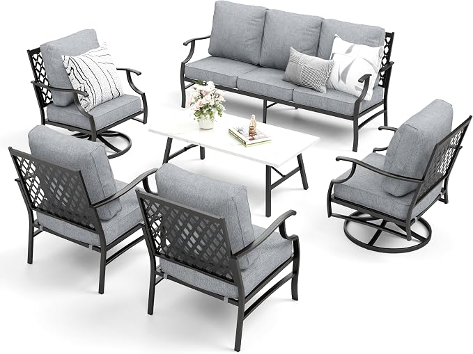 MIXPATIO Patio Furniture Set 6 pcs, Outdoor Patio Furniture, 1 X 3-Seat Sofa, 2 X Single Chairs, 2 X Swivel Chairs, 1 X Coffee Table and 5.75" Extra Thick Cushion, Patio Conversation Set,Grey