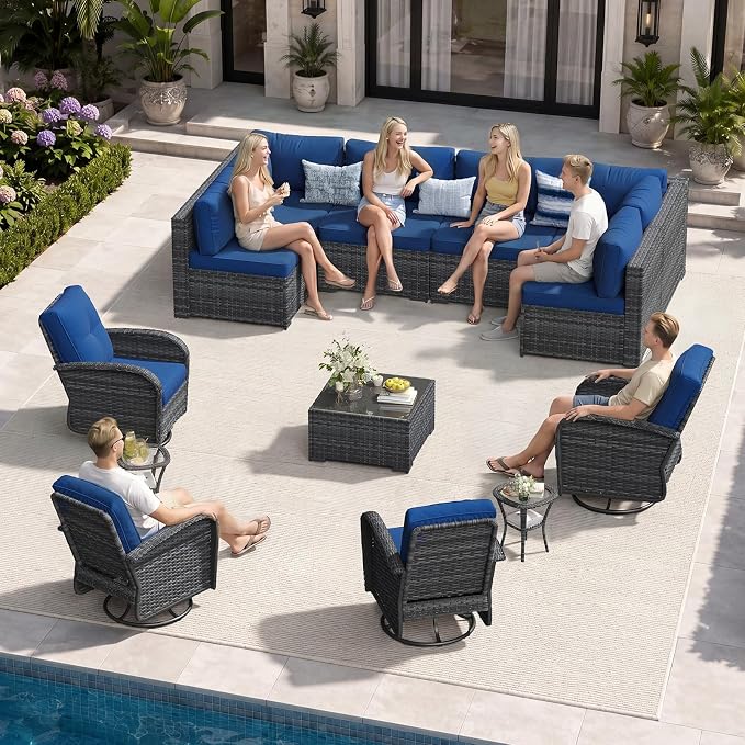 Aoxun 13 Piece Outdoor Patio Furniture Set with Coffee Table, Wicker Rattan Outdoor Furniture with High Back Swivel Rocker Chairs, Outdoor Conversation Set with Thick Cushion & Side Table, Navy Blue