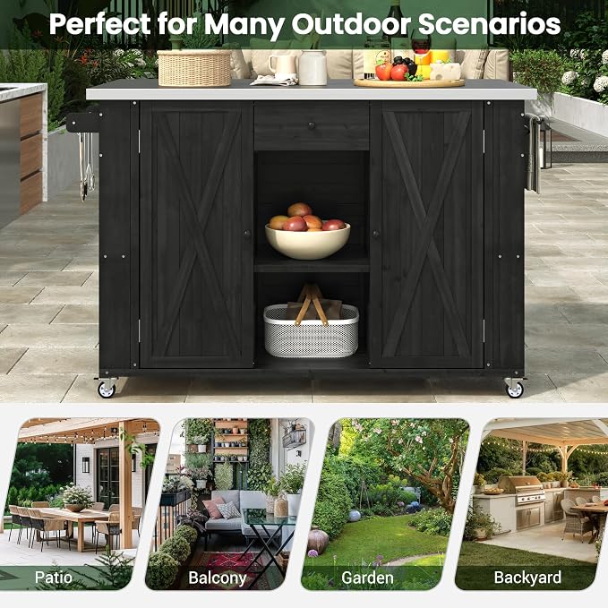 Outdoor Kitchen Island Fir Wood Kitchen Island with Stainless Steel Top,Ample Storage Space, Towel and Spice Racks and a Bottle Opener for Outdoor (Black@53)