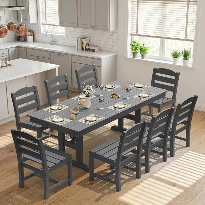 KINGYES 8-Seat Outdoor Patio Dining Set,84 inch HDPE Rectangular Table and Chairs Set,Waterproof Furniture Set with Umbrella Hole for Backyard,Grey